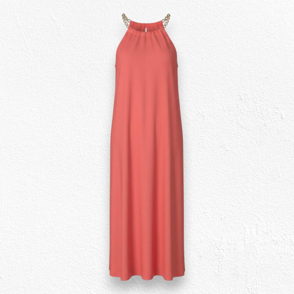 JustFab Coral Pink Boho Sleeveless Chain Halter Chiffon Maxi Dress Size Small